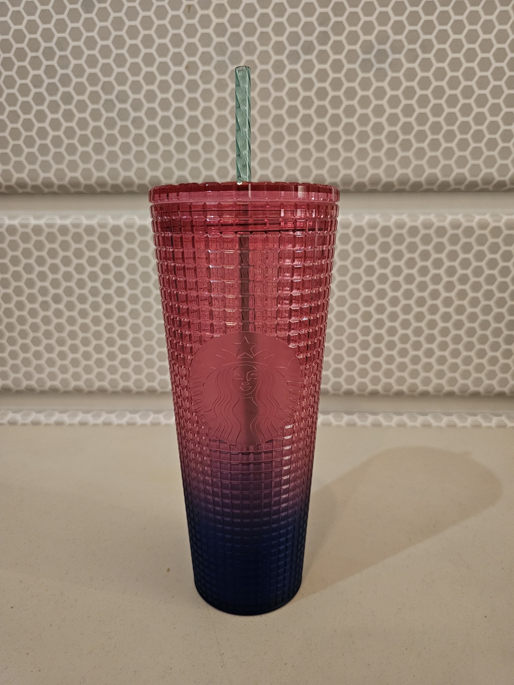 Starbucks Ombre Pink to Blue Grid Tumbler with Straw